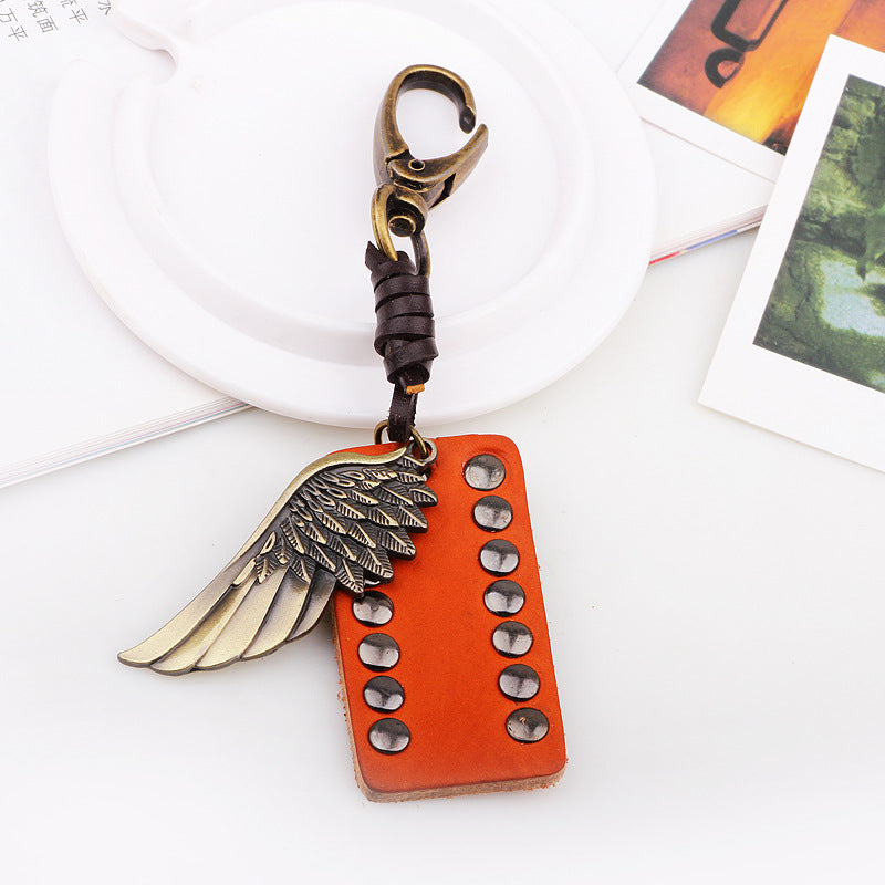 Guardian Angel Image Genuine Leather Rivet Men's Keychain | Spiritual Protection