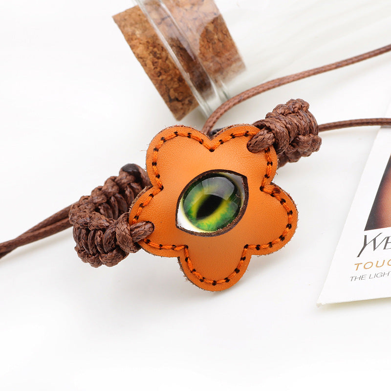 Katzenaugen-Anhänger aus Leder | Modisches geflochtenes Amulettarmband 