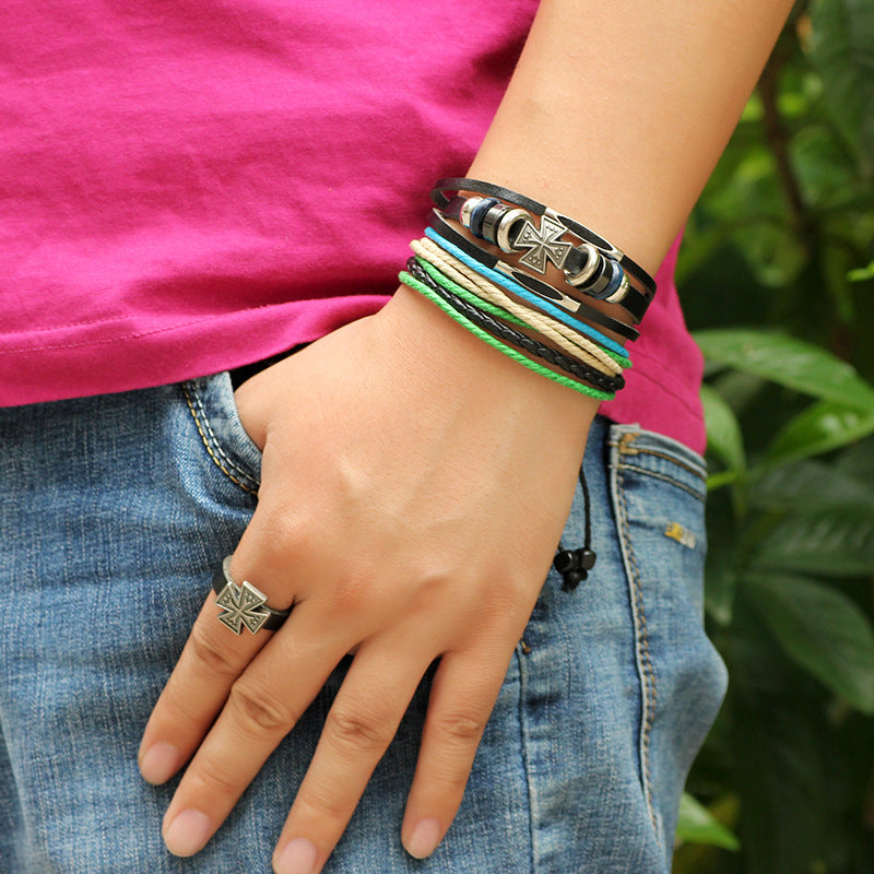 Roman Cross Totem Genuine Leather Beaded Hand - woven Guardian Set (Bracelet and Ring Three - piece Set)