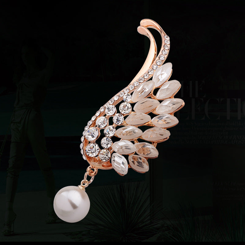 Angel Wing Symbol Rose Gold Pearl - Set Diamond Brooch | Protection and Elegance