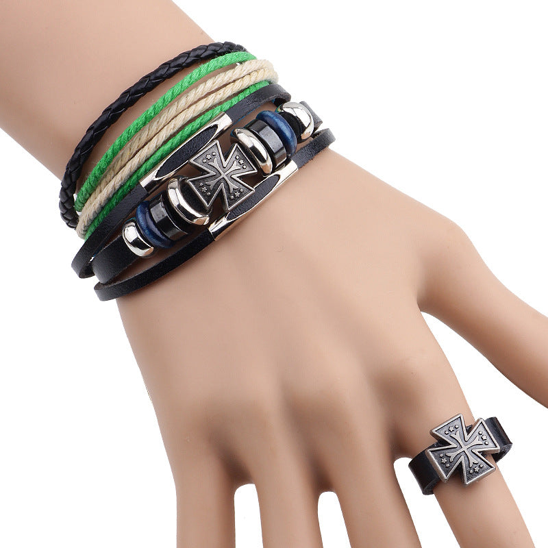 Roman Cross Totem Genuine Leather Beaded Hand - woven Guardian Set (Bracelet and Ring Three - piece Set)