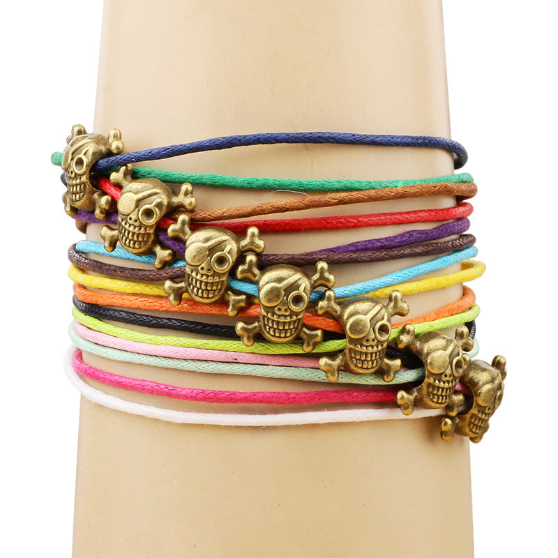 Nordic Pirate Totem Handmade Leather Skull Multi - piece Set | Stylish Men's Colorful Energy Bracelet