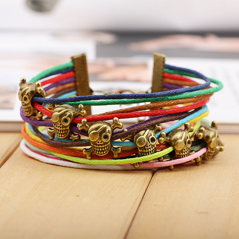 Nordic Pirate Totem Handmade Leather Skull Multi - piece Set | Stylish Men's Colorful Energy Bracelet