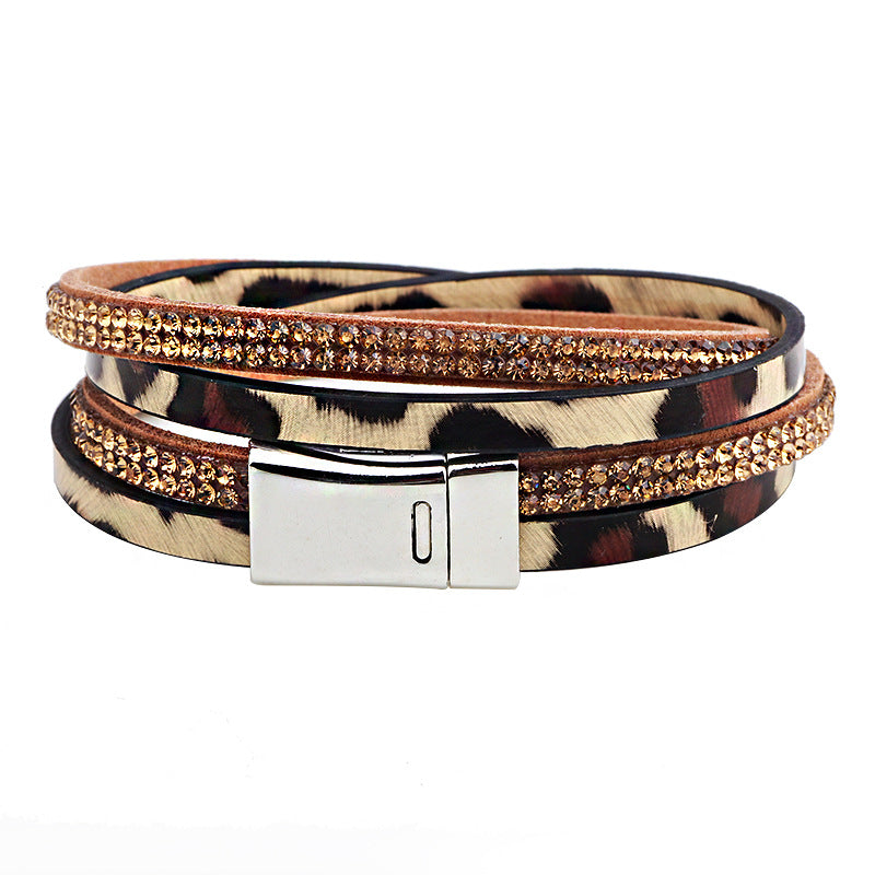 Mysterious Leopard Print Totem Rhinestone Handmade Leather Double - Strand Double - Loop Energy Protection Bracelet