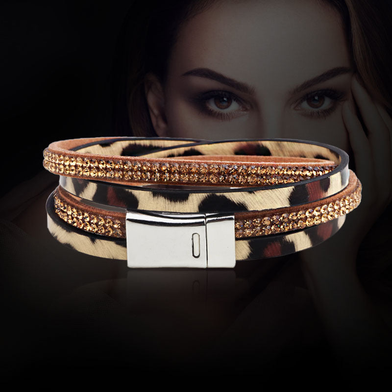Mysterious Leopard Print Totem Rhinestone Handmade Leather Double - Strand Double - Loop Energy Protection Bracelet