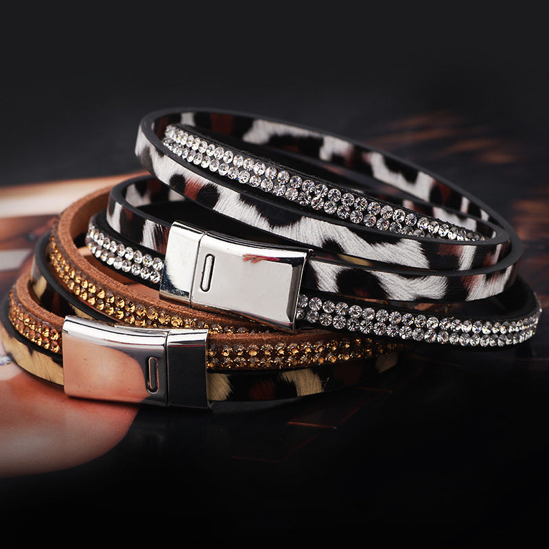 Mysterious Leopard Print Totem Rhinestone Handmade Leather Double - Strand Double - Loop Energy Protection Bracelet