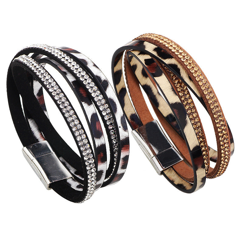 Mysterious Leopard Print Totem Rhinestone Handmade Leather Double - Strand Double - Loop Energy Protection Bracelet
