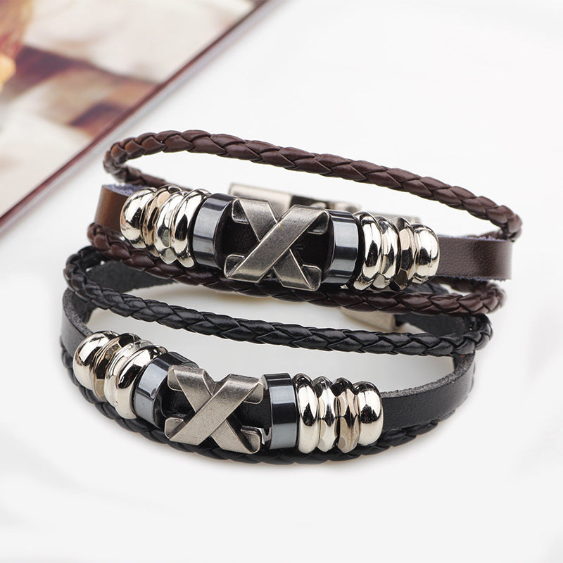 Norse Rune Black Gallstone Cowhide Braided Retro Hope Bracelet