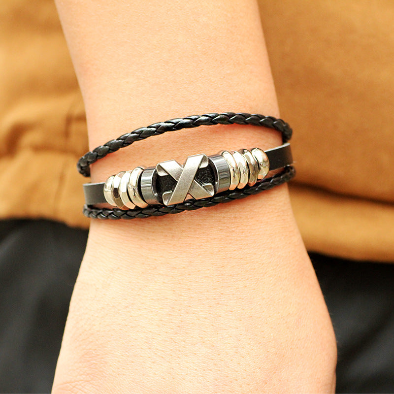 Norse Rune Black Gallstone Cowhide Braided Retro Hope Bracelet