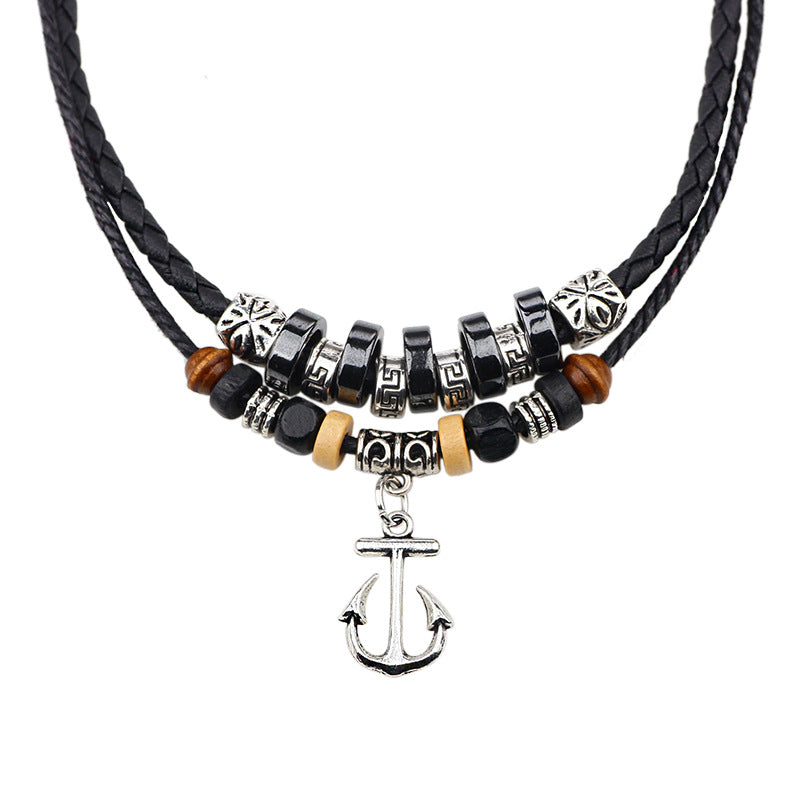 Nordic Navigation Guardian Silver Leather - woven Retro Anchor Energy Necklace