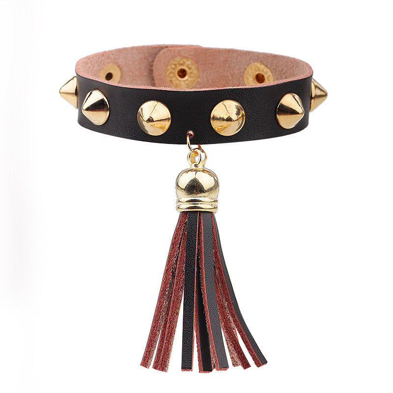Mysterious Punk - style Leather Rivet and Tassel Protective Energy Bracelet