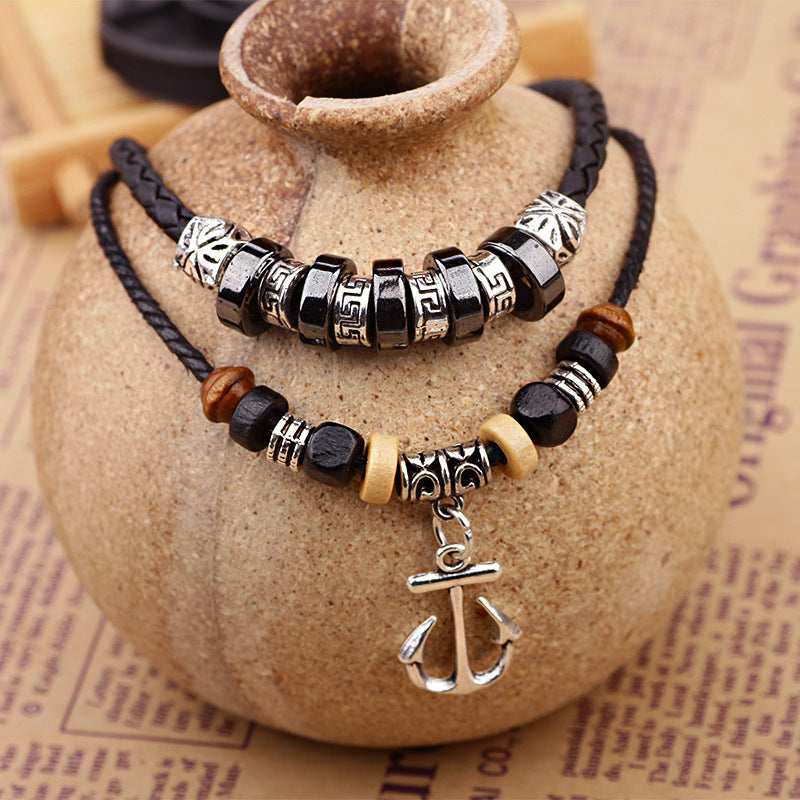 Nordic Navigation Guardian Silver Leather - woven Retro Anchor Energy Necklace