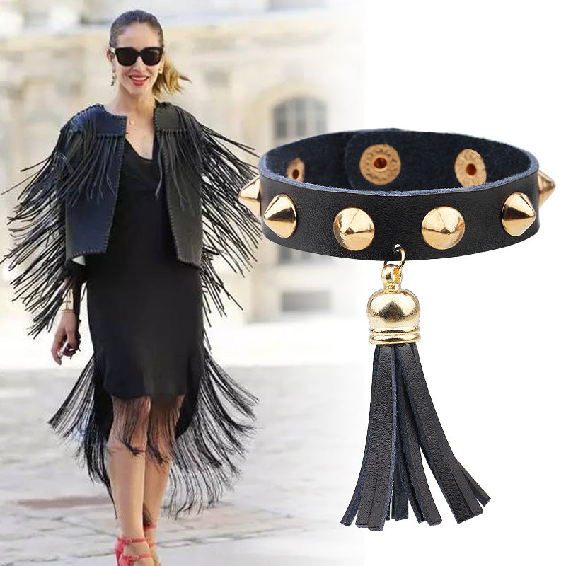 Mysterious Punk - style Leather Rivet and Tassel Protective Energy Bracelet
