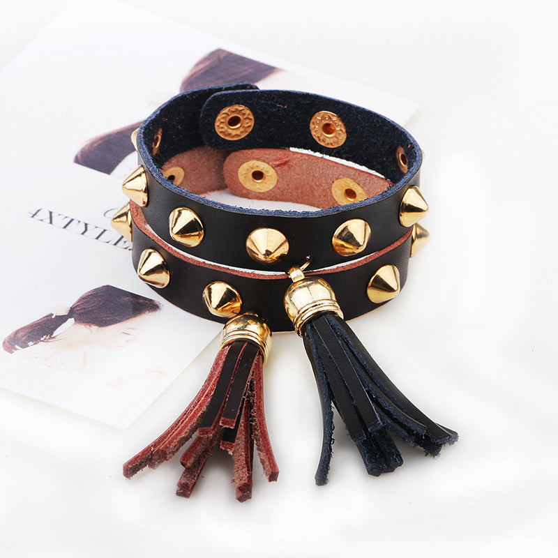 Mysterious Punk - style Leather Rivet and Tassel Protective Energy Bracelet