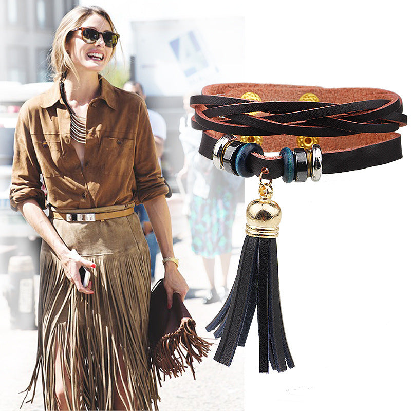 Enchanting Genuine Leather Tassel Runway - style Energy - guarding Bracelet