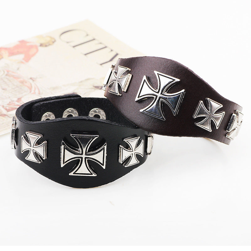 Ancient Roman Cross Rivet Cowhide Punk - style Guardian Bracelet