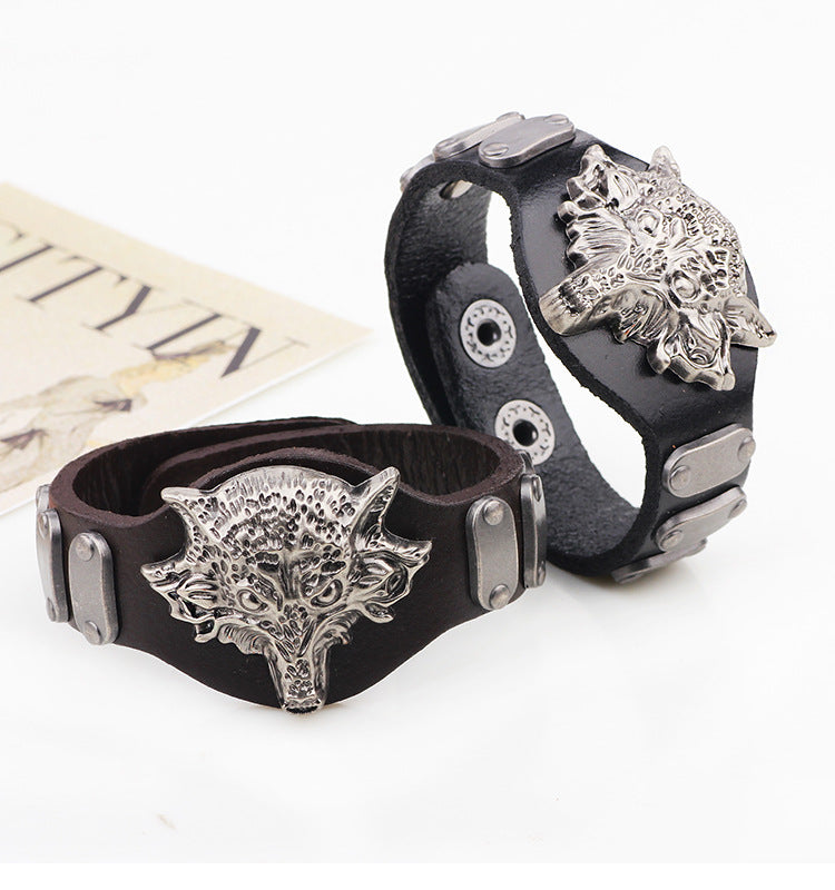 Nordic Rune Genuine Leather Rivet Animal - Shaped Bracelet | Punk - Style Personalized Jewelry