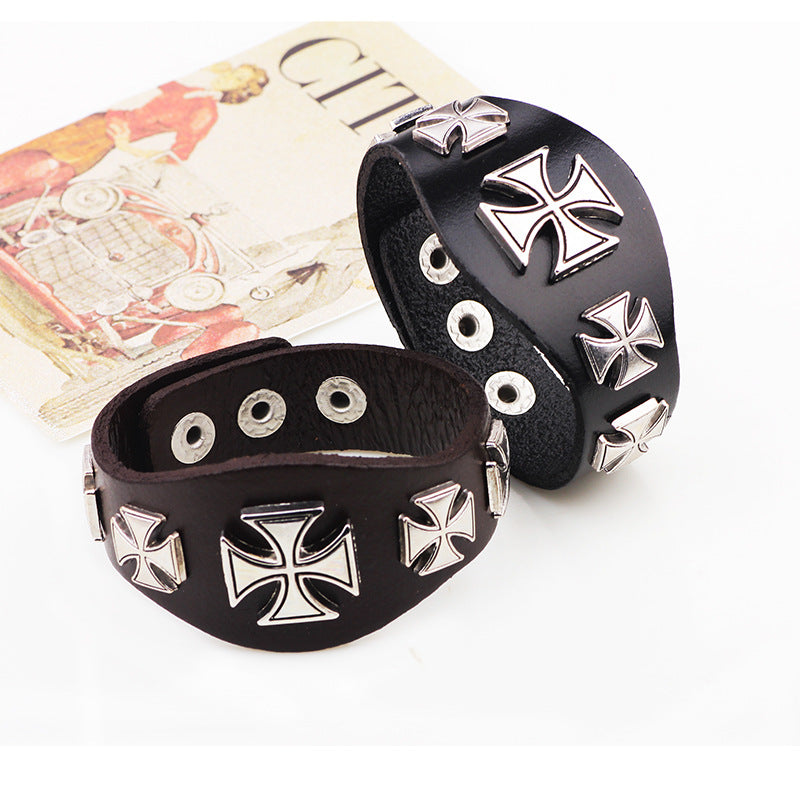 Ancient Roman Cross Rivet Cowhide Punk - style Guardian Bracelet