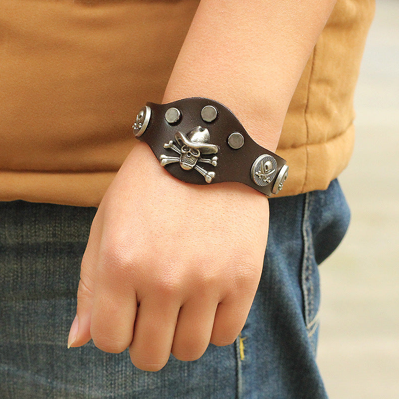 Dark Punk Style Genuine Leather Skull Rivet Bracelet | Men's Charm - Showing Wristband