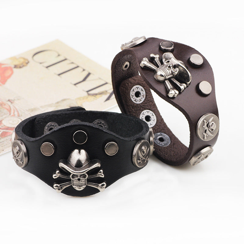 Dark Punk Style Genuine Leather Skull Rivet Bracelet | Men's Charm - Showing Wristband