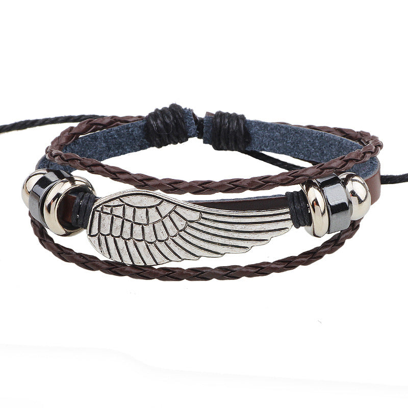Angel Wing Guardian Natural Wooden Bead and Black Onyx Hand - woven Healing Bracelet