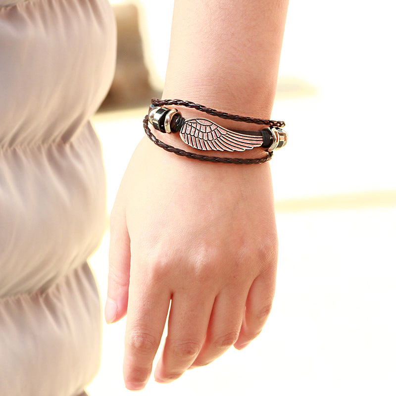 Angel Wing Guardian Natural Wooden Bead and Black Onyx Hand - woven Healing Bracelet