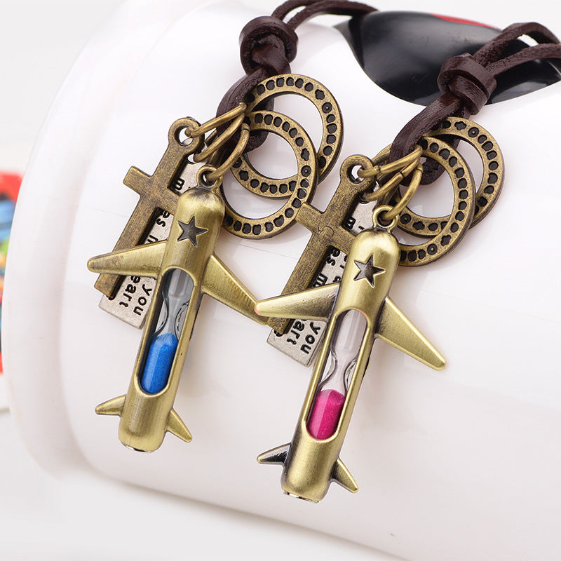 Mysterious Astrology Ancient Bronze Genuine Leather Hourglass Small Airplane Pendant Fashionable Sweater Chain