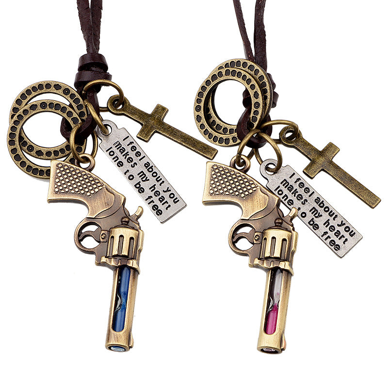 Mysterious Tarot Alloy Ancient Bronze Retro Pistol Hourglass Couple Guardian Necklace Pendant