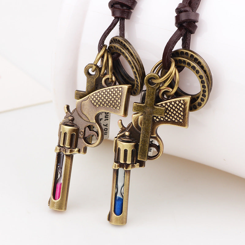 Mysterious Tarot Alloy Ancient Bronze Retro Pistol Hourglass Couple Guardian Necklace Pendant