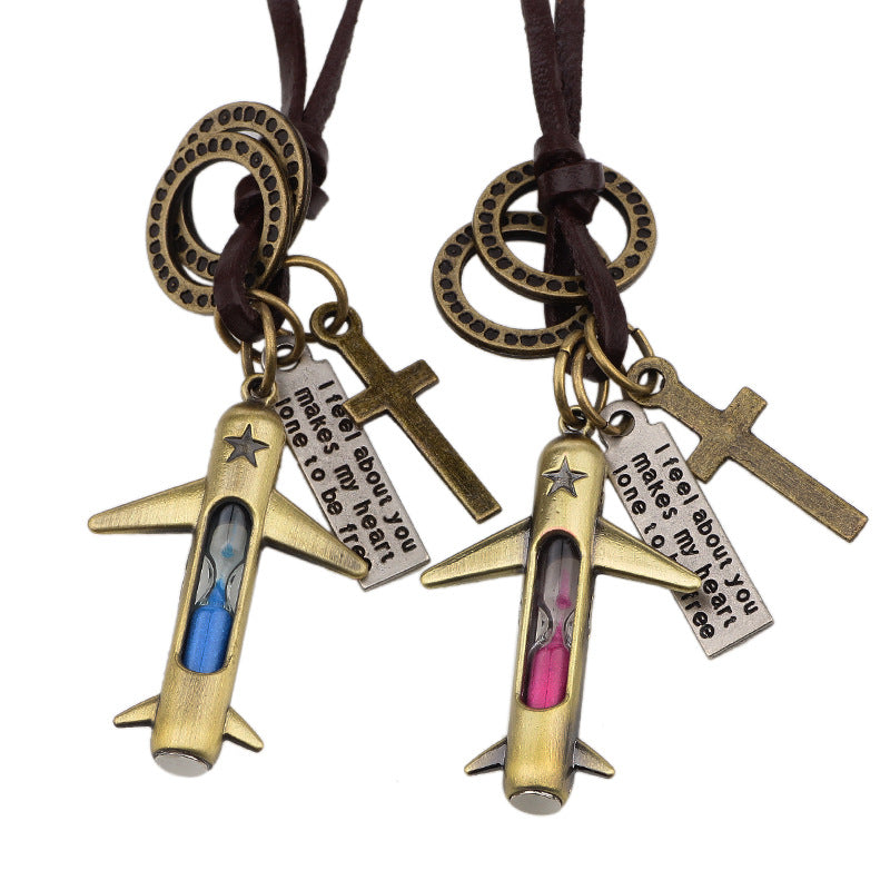 Mysterious Astrology Ancient Bronze Genuine Leather Hourglass Small Airplane Pendant Fashionable Sweater Chain