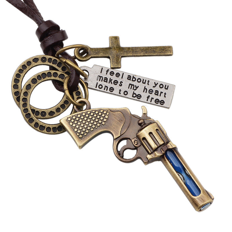 Mysterious Tarot Alloy Ancient Bronze Retro Pistol Hourglass Couple Guardian Necklace Pendant