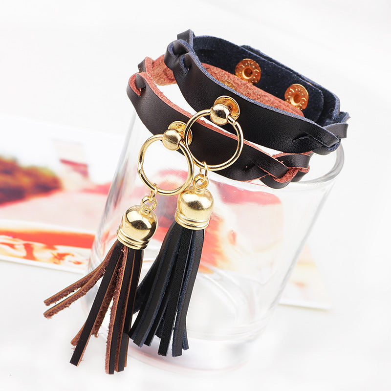 Spiritual Charm Genuine Leather Tassel Bracelet | Street Style | Fashion Show Accessory
