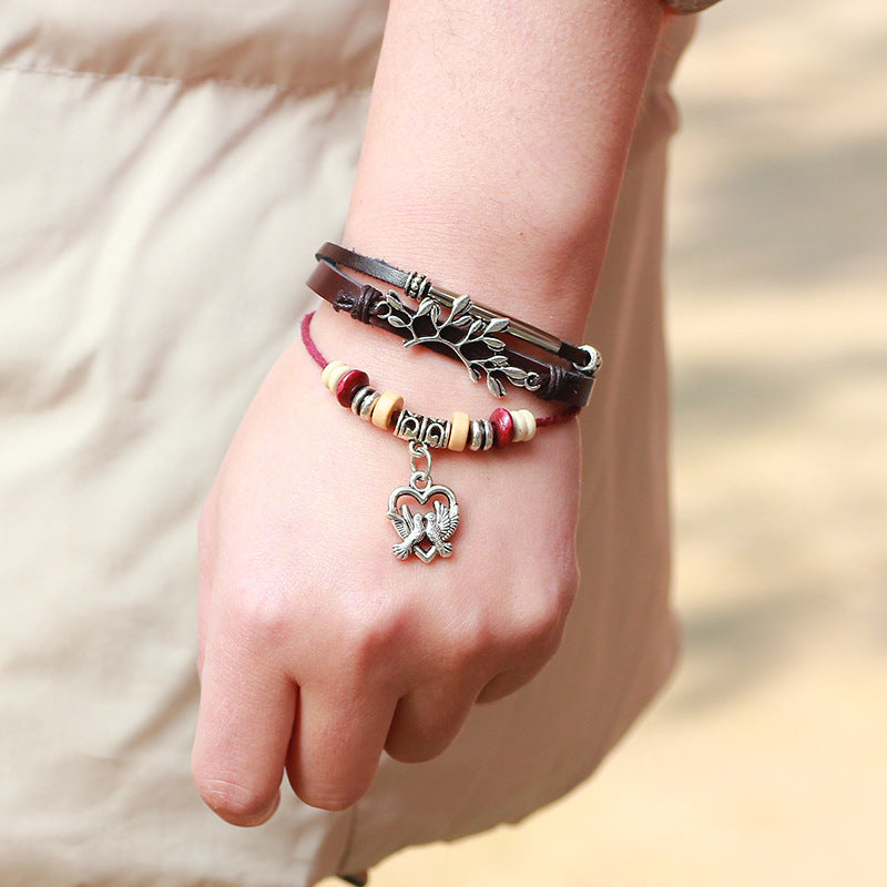 Peace Symbol Hand - woven Multi - layer Olive Tree and Dove Fresh Rural - style Bracelet