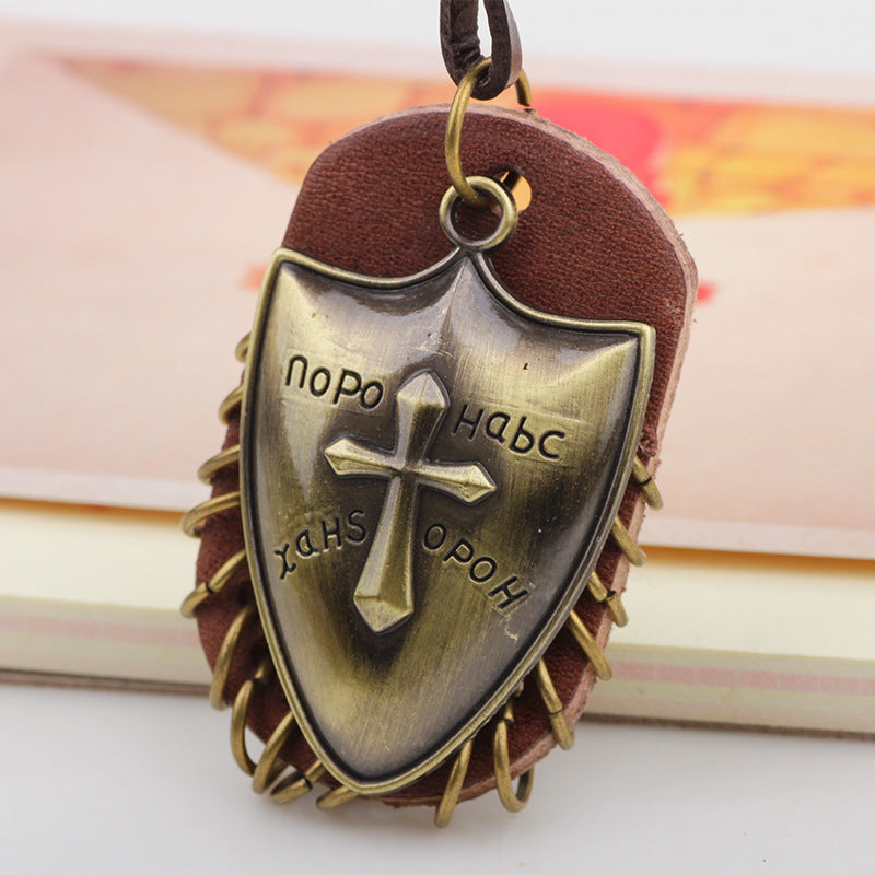 Crusader Shield Totem Metal and Leather Pendant Necklace | Faith Guardianship | Fashion Accessories