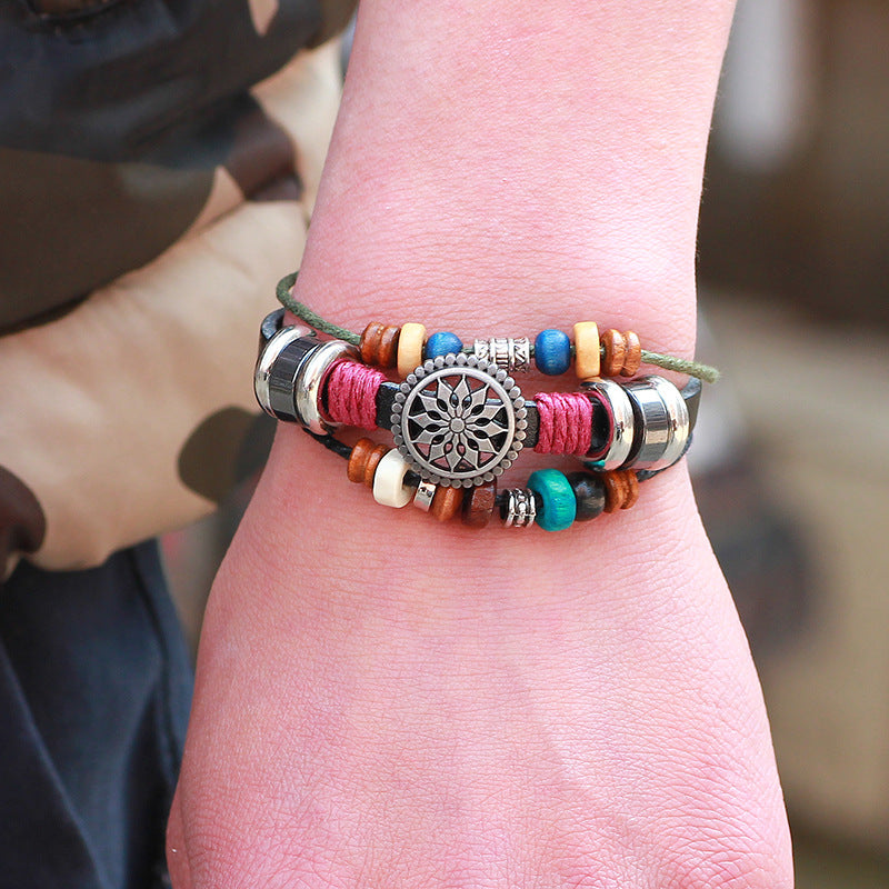 Mysterious Rune Handmade Cowhide Beaded Prosperity Flower Personalized and Versatile Bracelet