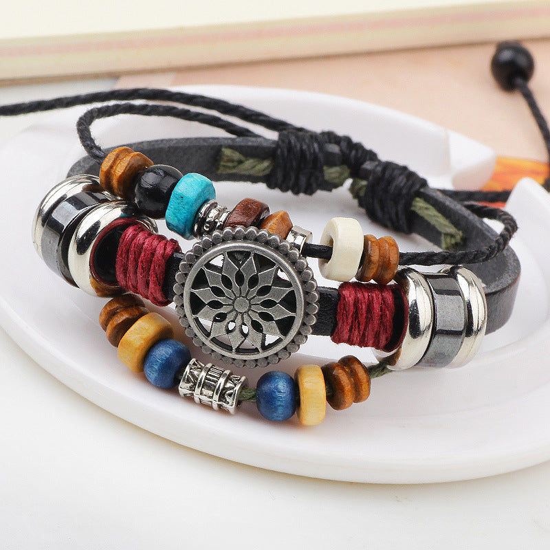 Mysterious Rune Handmade Cowhide Beaded Prosperity Flower Personalized and Versatile Bracelet