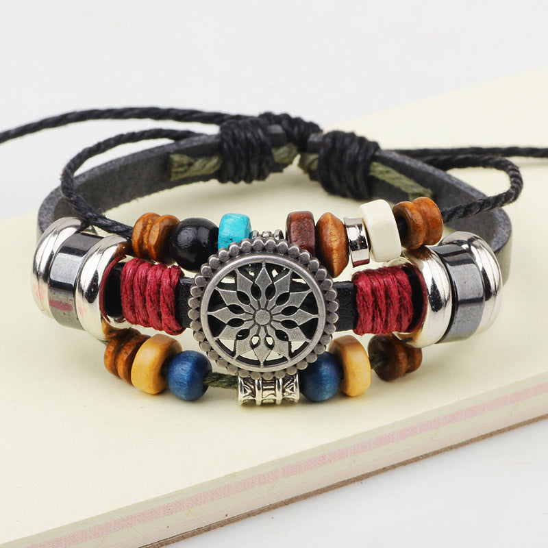 Mysterious Rune Handmade Cowhide Beaded Prosperity Flower Personalized and Versatile Bracelet