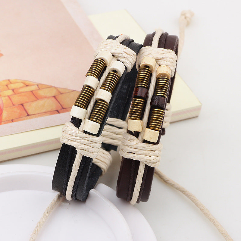 Wood Bead Hand-woven Strap Leather Healing Bracelet | Natural Healing Accessories | Healing Accessories