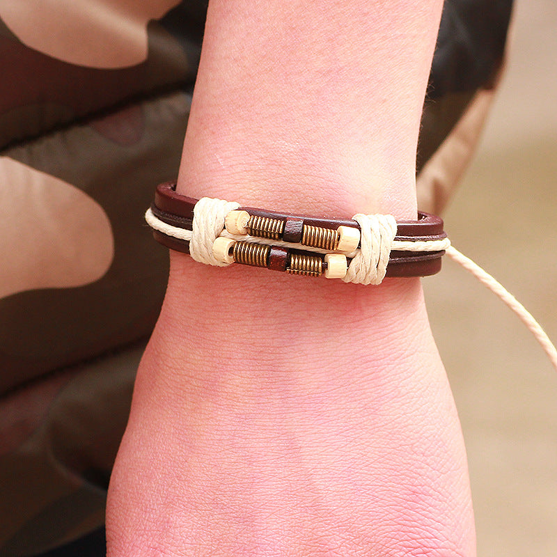 Wood Bead Hand-woven Strap Leather Healing Bracelet | Natural Healing Accessories | Healing Accessories