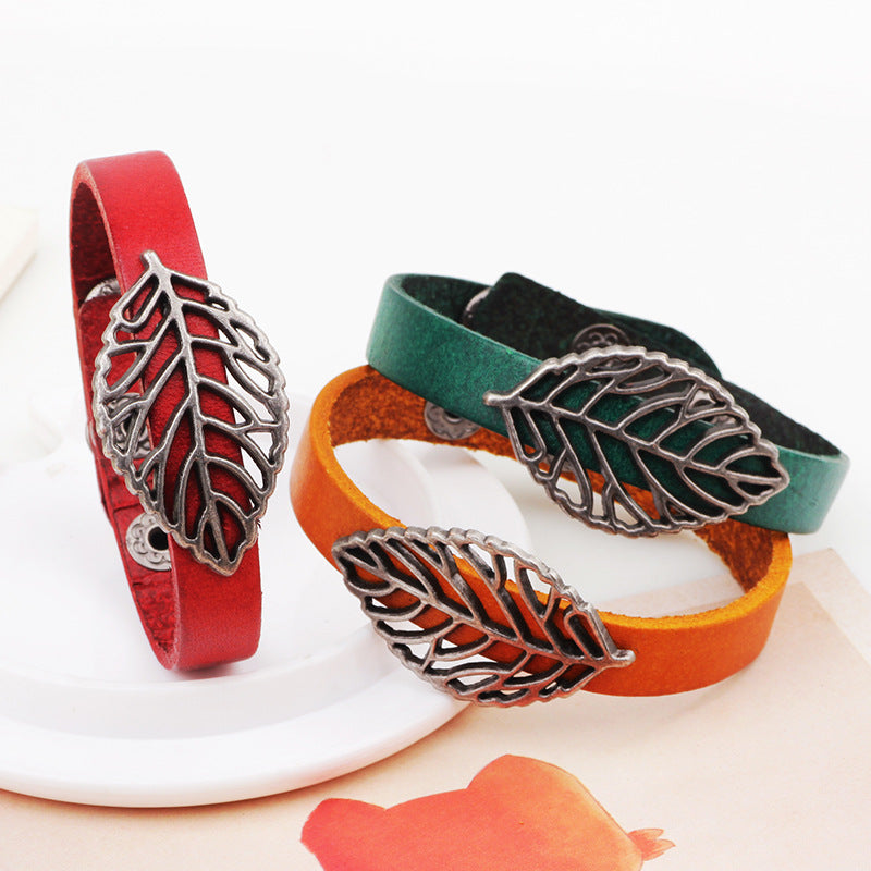 Vintage Metal Hollow Leaf Bracelet | Cowhide Bracelet | Healing Jewelry | Energy Protection