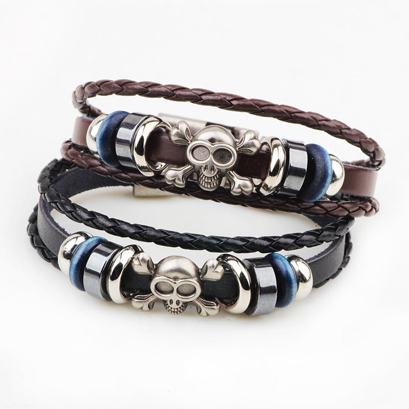 Dark Punk - style Skull Totem Genuine Leather and Alloy Hand - woven Protection Bracelet