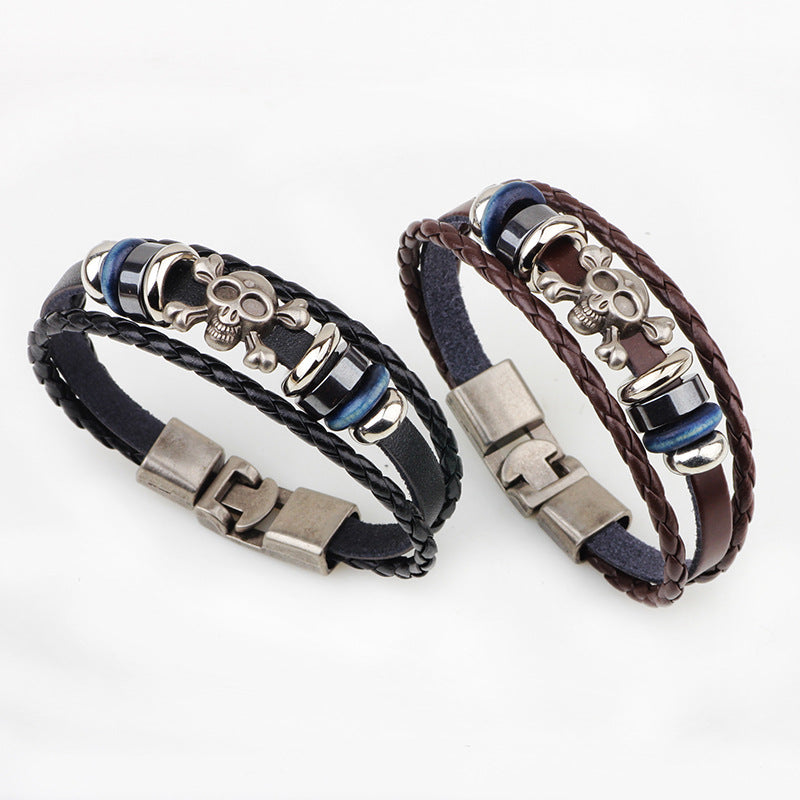 Dark Punk - style Skull Totem Genuine Leather and Alloy Hand - woven Protection Bracelet