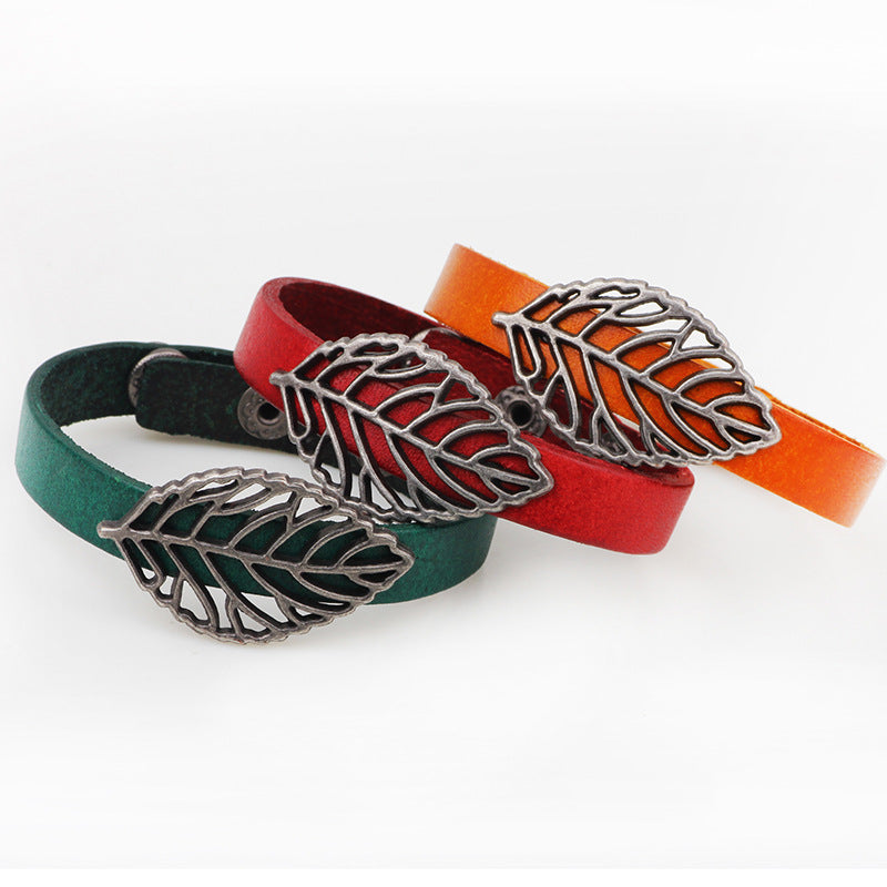 Vintage Metal Hollow Leaf Bracelet | Cowhide Bracelet | Healing Jewelry | Energy Protection