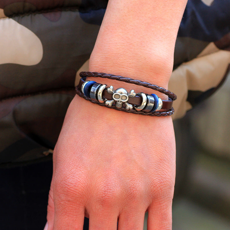 Dark Punk - style Skull Totem Genuine Leather and Alloy Hand - woven Protection Bracelet