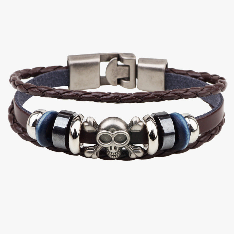 Dark Punk - style Skull Totem Genuine Leather and Alloy Hand - woven Protection Bracelet