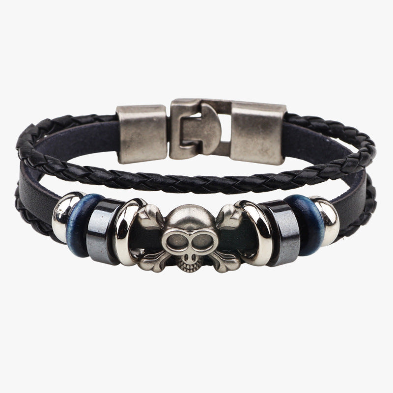 Dark Punk - style Skull Totem Genuine Leather and Alloy Hand - woven Protection Bracelet