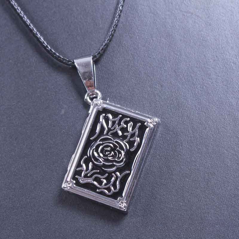 Vintage Rose Necklace | Old Book Style | Metal Pendant | Energy Healing | Long Woven Wax Rope