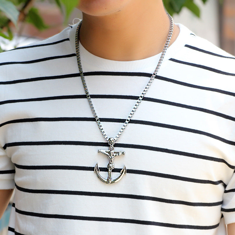 Guardian Rune Alloy Ship Anchor Long Necklace Pendant | Nautical Style Classic Cross Jewelry