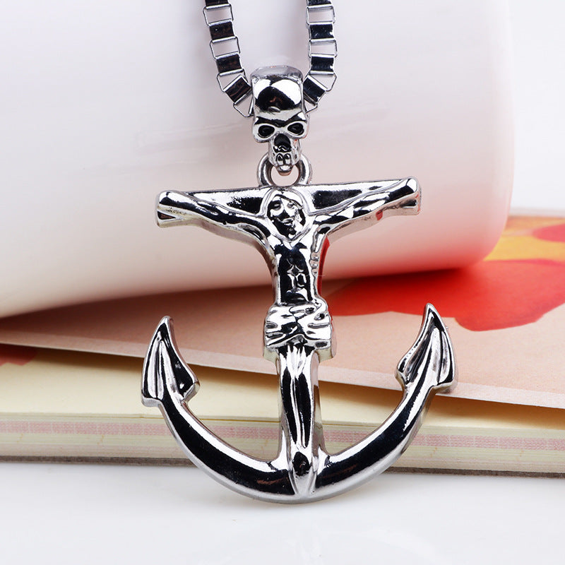 Guardian Rune Alloy Ship Anchor Long Necklace Pendant | Nautical Style Classic Cross Jewelry