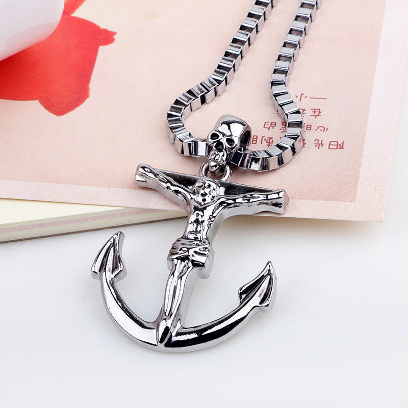 Guardian Rune Alloy Ship Anchor Long Necklace Pendant | Nautical Style Classic Cross Jewelry